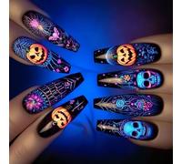 Halloween Press-On 24 Pcs Nails Art Set Formes De Cercueil Avec Squelettes Chauves-souris Et Citrouilles Design Manucure ABS Longue Durée