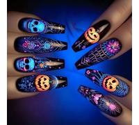Halloween Press-on 24 Pcs Nails Art Set, Formes de cercueil avec squelettes, chauves-souris et citrouilles Design Friendly