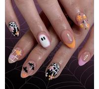 Halloween Press On Nails Amond French Tips Faux Acrylique Avec Des Conceptions De Chauves-souris De Fleur Stick For Womens Glues Nail