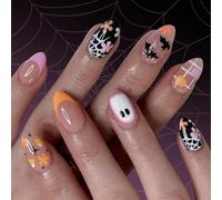 Halloween Press On Nails Amond French Tips Faux Acrylique Avec Des Conceptions De Chauves-souris De Fleur Stick On For Womens Amond False Nail