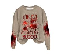 Halloween Pull Léger Sweat-Shirts Graphiques pour Femmes I M Ok It s Not My Blood Sweat-Shirt Sarcastique Humour Chemise imprimée Douce Manteaux De Fourrure Grande Taille(Kaki,L)