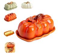 Halloween Pumpkin Butter Dish with Lid,Pumpkin Shaped Ceramic Snack Plate & Cheese Board,Multi-Purpose Kitchen Countertop Tray,Decor Dinnerware for Thanksgiving Party (Orange)