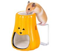 Halloween Pumpkin Ceramic Hamster Hideout House Small Animal Decor Cage Set | 4 Pieces Habitat Food Bowl Sand Bath Water Bottle Holder for Dwarf Hamsters Gerbils Mice Mini Pets Autumn(Drinking)