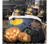 Halloween Pumpkin Housse de Couette 3D Imprimé Microfibre Résistante 3 Pièces 2 Taies Super Douce spooky Haunted House Ensemble De Literie Respirante Confortable for Garçon Double（200x200cm）