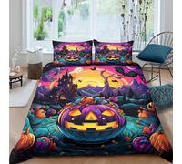 Halloween pumpkin Linge de Lit 3 pièces Microfibre Hypoallergique Imprimé en 3D Léger Cartoon spooky scène Housse de Couette avec 2 Taies d'oreiller Confortable for Chambre à Coucher King（220x240cm）