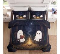 Halloween Reversible Parure de Lit Douce140 x 201 cm | Cartoon Mignon Fantôme Feu De CampFermeture éclair Housse de Couette MulticoloreBrushed Microfibre BedDécor de Chambre