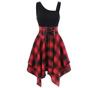 Halloween Robe Bandage à Carreaux pour Femme, Streetwear Vintage Punk esthétique Fermeture éclair Ligne A Harajuku Mode Slim Robe de Princesse Femme Rouge M
