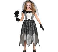 Halloween Robe de mariée fantôme Robe hantée Costume pour enfant Voile Magie noire Toile d'araignée Fête de la nuit effrayante, Taille : 128/134 Couleur : Noir