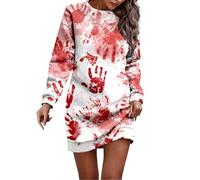 Halloween Robe Femme Bloody Horror Robe de Soirée Chic et Elegant Midi pour Cocktail Mariage Bal Promo Col Ronde Manches Courtes avec Ceinture Cotton Dress Women Costume de Carnaval (Blanc #15, S)