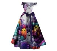 Halloween Robes pour Femmes avec Manches Et Poches Costumes d Robe évasée à imprimé Sanglant Tunique sans de Cocktail invité Housse Mariée Longue(Bleu,XL)