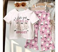 Halloween, rose crème, Allons-nous faire peur, Imprimé mignon de fantôme, nœud, cœur, Ambiance d'automne, Ensemble t-shirt à col ras-du-cou à manches courtes et pantalon évasé, style décontracté minim