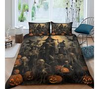 Halloween scène Ensemble De Literie Microfibre 3 Pièces 3D Imprimée Confortable Spooky Skeleton Art Parure de Lit avec Fermeture Éclair Ultra Douce for Chambre à Coucher Double（200x200cm）