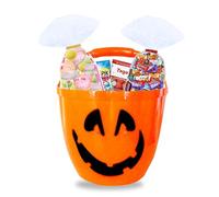 HALLOWEEN | Seau citrouille avec assortiment de chocolats et bonbons rétro :Milka, Daim, Schokobons, Bueno, Célébrations, sucettes, colliers Lolies, rolls dextrose