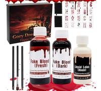 Halloween Set de Faux Sang, Faux Sang Lavable, 58ml Sang Frais Artificiel, 48ml Faux Sang Rouge Foncé, 28ml Latex Liquide, 20 Tatouages Temporaires de Cicatrice, Kit de Maquillage pour Halloween