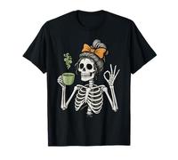 Halloween Skeleton Messy Bun Matcha Funny Costume Mom Women T-Shirt