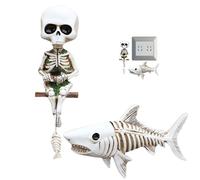 Halloween Skeletons Decoration - Skeleton and Shark Statue | Skeleton Fishing Figurine | Resin Bone Fisherman Figurine | Gothic Halloween Aquarium Ornament for Indoor Outdoor Living Room Entryway