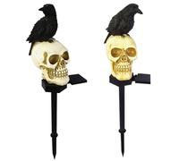 Halloween Solar Lights Outdoor 2 Set Crow sur Le crâne Solaire Solar Halloween Lights avec Un pieu étanche à la lumière Blanche Chaude Lumière LED activée pour Le Jardin de la Cour