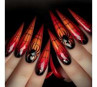 Halloween Spiders Web Design Red Almond Long Faux Nails Avec Fantomatiques Art Light Abs Artificial Nails For Women Party Halloween Press On Nail