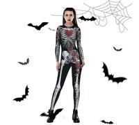 Halloween Squelette Costume Femme 155-165CM,Halloween Déguisement Squelette Femme,Femmes Jour des Morts Costume Combinaison,Imprimé Roses Jeu de RôLe Femmes Fille Cosplay-S