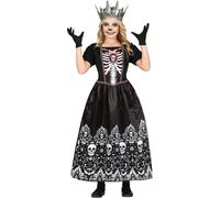 Halloween Squelette Reine Nuit Mystique Robe Enfants Costume Sorcière Secrète Sorcière Corbeau Crâne Magique Couronne, Taille : 128/134 Couleur : Noir