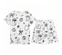 Halloween Survêtements Garçons Pyjama pour Enfants, Short à Manches Courtes, vêtements de Nuit Confortables et Doux Filles, Costume d Lingerie Grande Taille Ensemble(Blanc,11 Ans)