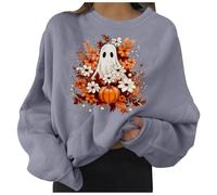 Halloween Sweats Graphiques pour Femmes Grande Taille Sweat-Shirt décontracté à Manches Longues et col du Cou Femme, Pull imprimé d Halloween, sans Capuche Frange(Grey,L)