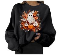 Halloween Sweats Graphiques pour Femmes Grande Taille Sweat-Shirt décontracté à Manches Longues et col du Cou Femme, Pull imprimé d Halloween, sans Capuche Frange(Le Noir,XXL)
