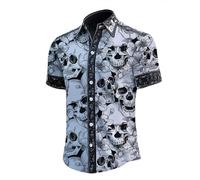 Halloween T Shirts pour Moi Chemise boutonnée à Manches Courtes Homme, imprimé Squelette d Halloween, décontractée, élégante, Amusante, Graphique, Fantaisie, Costume de fête,(Blanc,XL)