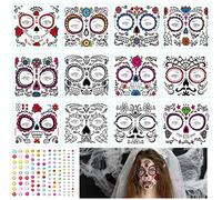 Halloween Tatouage temporaire du visage, 12 Feuilles Autocollants de Tatouages Temporaires du jour du Maquillage Mort, Autocollant de Tatouage Visage pour hommes et femmes Halloween Maquillage