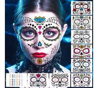 Halloween tatouage temporaire tête de mort, tatouage de sécurité visage enfants adultes toile d'araignée maquillage autocollant pour Halloween mascarade fête de carnaval