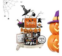 Halloween Tiered Tray, Wooden Pumpkin Ghost Decor, Spooky Table Signs for Living Room Bedroom Den Shelf, Scary Desktop Ornaments, Bookshelf Cabinet Party Setup Autumn Display, 3.54x4.33 inches