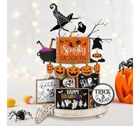 Halloween Tiered Tray, Wooden Pumpkin Ghost Decor, Spooky Table Signs for Living Room Bedroom Den Shelf, Scary Desktop Ornaments, Bookshelf Cabinet Party Setup Autumn Display, 3.54x4.33 inches