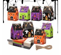 Halloween Treat Boxes - 12Pc Foldable Castle Houses | Party Goodie | 12-piece foldable paper treat boxes, cute castle house design for Halloween party snacks, cookies, goodies, and home, office,