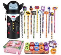Halloween Trousse 2-in-1-Silicone Set, Kawaii Chauve-souris, Porte-Plume Étanche avec Fermeture Éclair, papeterie comprenant des crayons, taille-crayon,gommes,cadeaux/jouets parfaits pour enfants (5)