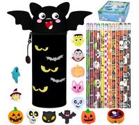 Halloween Trousse 2-in-1-Silicone Set, Kawaii Chauve-souris, Porte-Plume Étanche avec Fermeture Éclair, papeterie comprenant des crayons, taille-crayon, gommes, cadeaux/jouets parfaits pour enfants