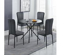 Hallowood Furniture Cullompton Lot de 4 petites tables et chaises rondes noires avec dessus effet bois et chaises en similicuir noir pour la maison, le café