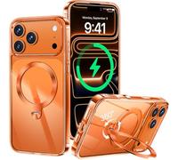 HaloArt 360° Rolatif Support Magnétique Coque pour iPhone 17 Pro [CD Anneau Support Stable pour Mag-Safe] [N°1 Puissance Magnétique & Antichoc Protection Militaire] Coque Durable Transparante, Orange