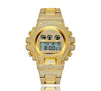 HALOKAIYA ICEDIAMOND 45mm Iced Out Lab Diamond Watch Watch, Cadran numérique LED Multifonctionnel avec Date et Calendrier hebdomadaire pour Hommes Femmes (Gold)