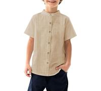 Haloumoning Chemise à manches courtes pour garçon Cuban Guayabera - En coton - Décontractée - Couleur unie - Pour l'été - Plage - Loisirs, kaki, 8-10 ans