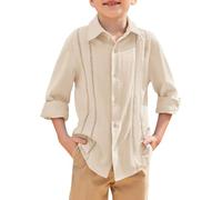 Haloumoning Chemise à manches longues Cuban pour enfants - En coton - Couleur unie - Légère - Décontractée - Pour la plage - Pour garçons de 5 à 14 ans, beige, 13-14 ans