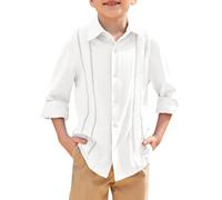 Haloumoning Chemise à manches longues Cuban pour enfants - En coton - Couleur unie - Légère - Décontractée - Pour la plage - Pour garçons de 5 à 14 ans, Blanc., 10-12 ans