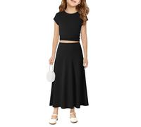 Haloumoning Ensemble de jupe longue 2 pièces pour filles - Haut court en tricot côtelé et taille élastique - Ensemble de jupes longues pour enfants de 5 à 14 ans, noir, 13-14 Ans