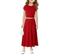 Haloumoning Ensemble de jupe longue 2 pièces pour filles - Haut court en tricot côtelé et taille élastique - Ensemble de jupes longues pour enfants de 5 à 14 ans, Rouge, 5-6 ans