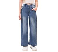 Haloumoning Pantalon en jean évasé pour fille - Taille haute - Taille élastique - Jambes larges, bleu, 140