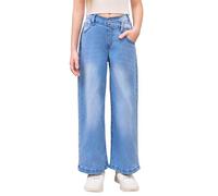 Haloumoning Pantalon en jean évasé pour fille - Taille haute - Taille élastique - Jambes larges, bleu clair, 150
