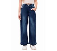 Haloumoning Pantalon en jean évasé pour fille - Taille haute - Taille élastique - Jambes larges, Bleu foncé, 160