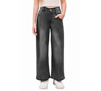 Haloumoning Pantalon en jean évasé pour fille - Taille haute - Taille élastique - Jambes larges, gris, 140