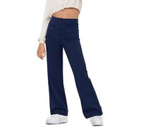 Haloumoning Pantalon évasé pour fille - Legging de yoga évasé - Bouton - Taille haute - Pantalon de sport avec poches, bleu foncé, 6-8 ans