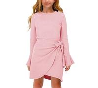 Haloumoning Robe à manches longues pour fille - Élégante robe en tricot à volants - Col rond - Robe midi unie, Rose, 7-8 ans