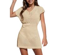 Haloumoning Robe de plage pour fille - Été - Bikini - Poncho - Manches courtes - Tricot - Mode, beige, 150 cm